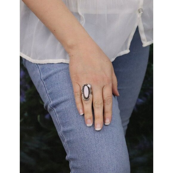 Sterling Silver Pink Mother of Pearl Flower Leaf Ring Size 7 1/4 Signed E - Picture 5 of 7